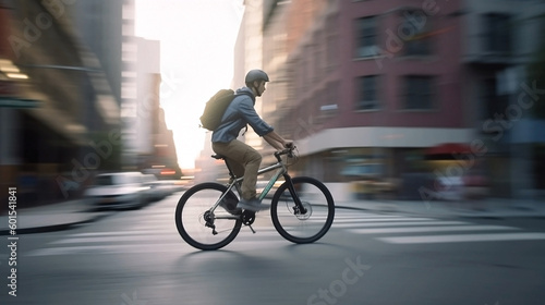 Generative Ai image of a person riding a bicycle in an urban city © annette shaff