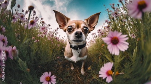Generative Ai image of a cute chihuahua surrounded by a field of flowers