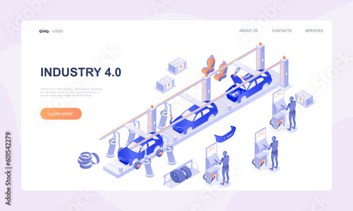 Automotive industry conveyor. Development and production of machinery and vehicle. Workers near conveyor in factory. Landing page design. Cartoon isometric vector illustration