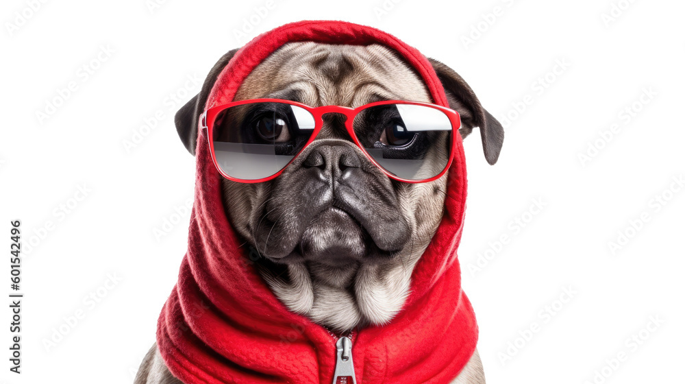 pug dog wearing sunglasses and looking amused isolated on a transparent background, generative ai