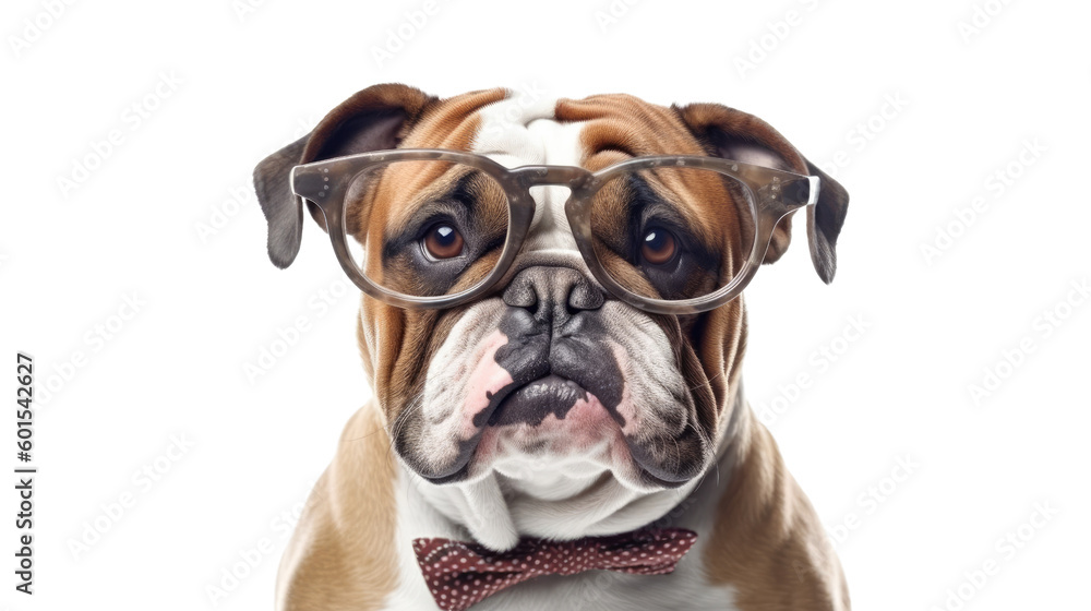 a happy-looking english bulldog with small spectacles isolated on a transparent background, generative ai
