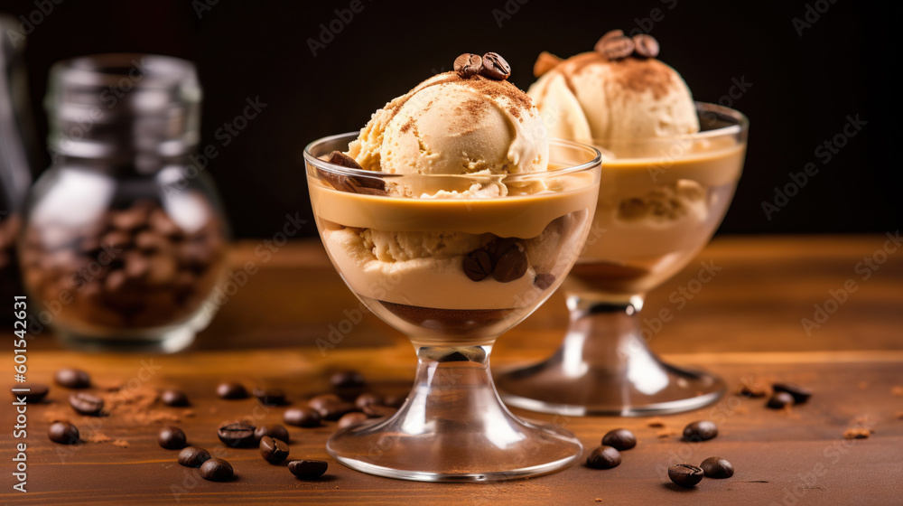 Coffee ice cream in a glass. Generative AI and digital editing. Coffee ice cream in a glass. Generative AI and digital editing.