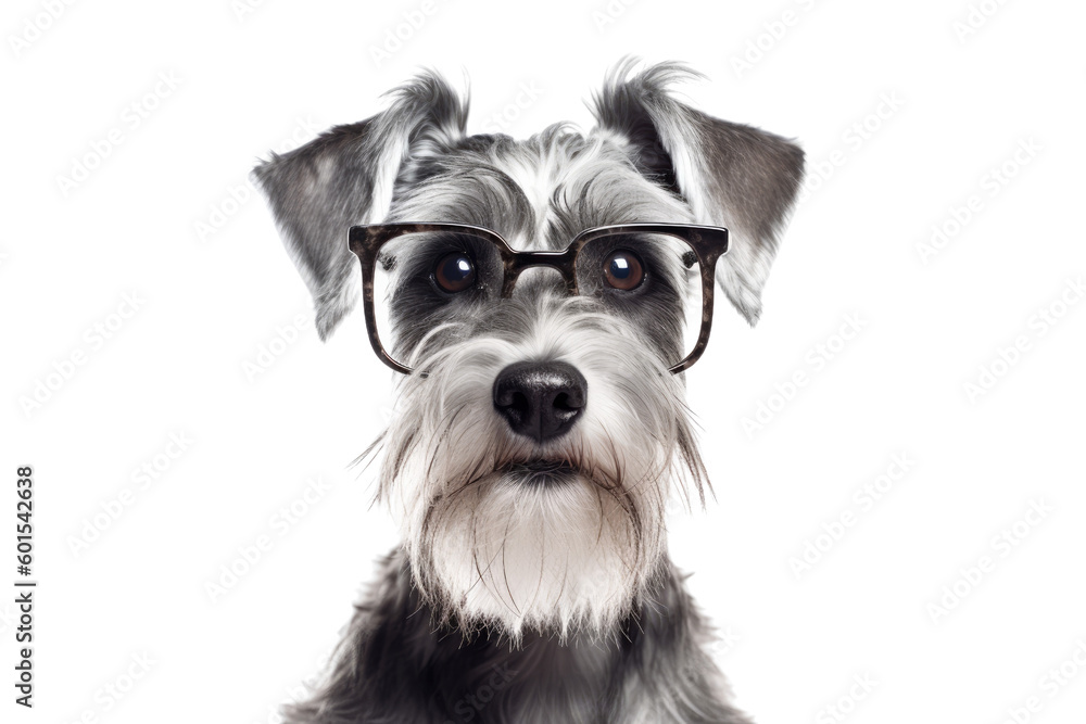 a schnauzer with small square glasses looking pleased   isolated on a transparent background, generative ai