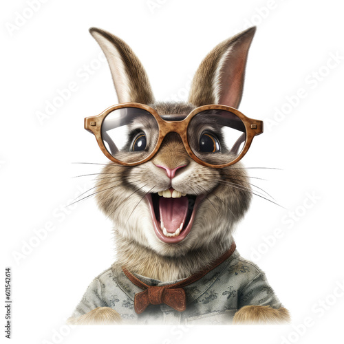 a laughing rabbit with an adorable pair of glasses isolated on a transparent background, generative ai