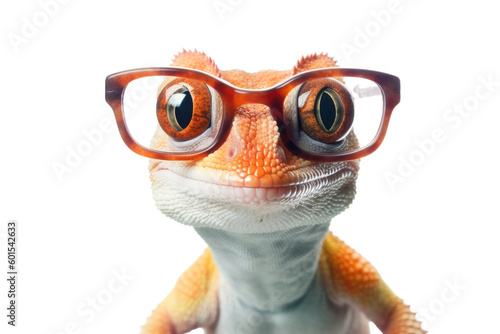 a cheerful gecko wearing thin-rimmed glasses isolated on a transparent background, generative ai