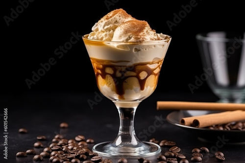 Coffee ice cream in a glass. Generative AI and digital editing.