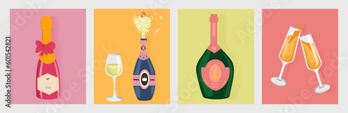 Champagne banners set. Collection of bottles with alcoholic drink. Holiday and festival. Tasty liquid and beverage. Luxury and wealth. Cartoon flat vector illustrations isolated on grey background