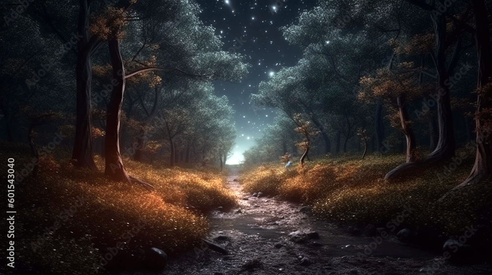 Magical dark fairy tale forest at night with glowing lights and fog. AI Generative