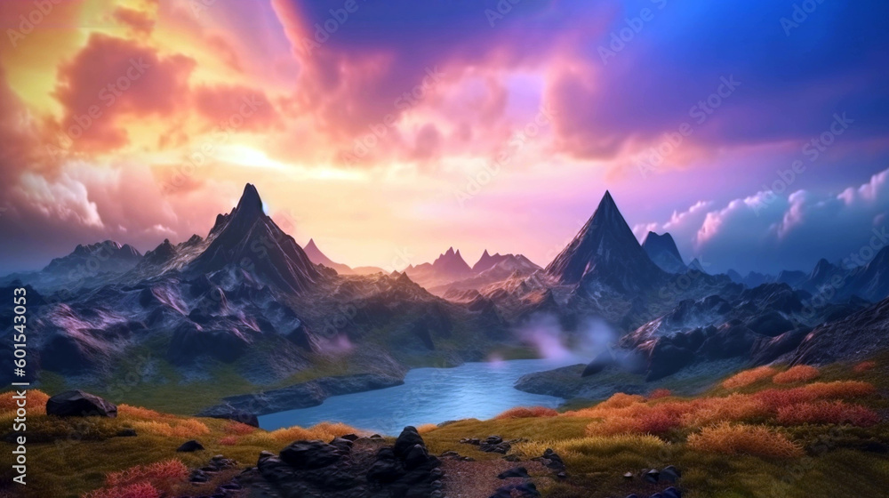 fantasy landscape and fantastic sky. Alien world. Exoplanet, planet, landscape. AI Generative