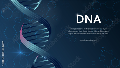 DNA structure banner. Microbiology and biochemistry, genetics. Study of structure of body, scientific and medical research. Landing page design. Realistic 3D vector illustration