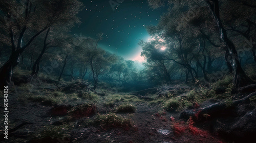 Magical dark fairy tale forest at night with glowing lights and fog. AI Generative