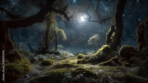 Magical dark fairy tale forest at night with glowing lights and fog. AI Generative