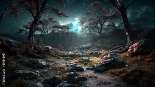 Magical dark fairy tale forest at night with glowing lights and fog. AI Generative © Witri