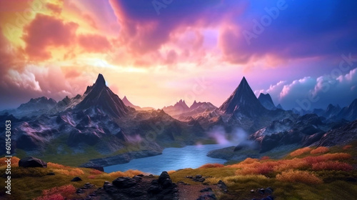 fantasy landscape and fantastic sky. Alien world. Exoplanet, planet, landscape. AI Generative © Witri