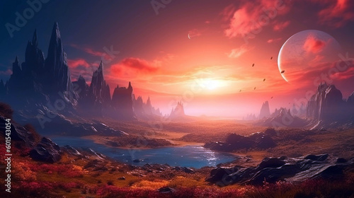 fantasy landscape and fantastic sky. Alien world. Exoplanet  planet  landscape. AI Generative