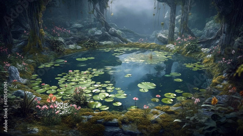 fantasy pond in the forest magical forest. foggy fantasy forest with ponds. AI Generative