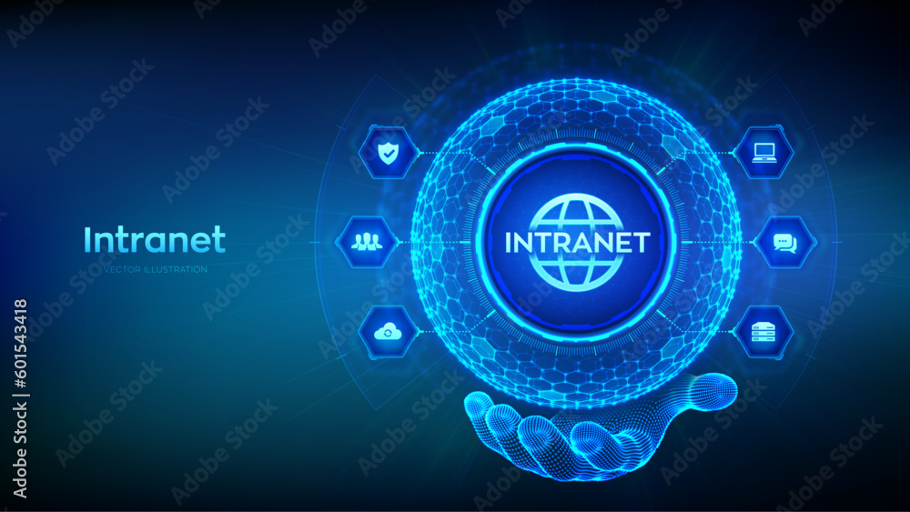 INTRANET. Global Network Connection Technology concept in the shape of sphere with hexagon grid pattern in wireframe hand. Intranet Business Corporate communication. DMS. Vector illustration.
