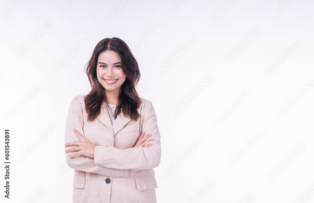 Confidence cheerful young girl wear pink suit arms crossed standing on isolated white background. Positive healthy mixed race asian women successful thinking expression peaceful copy space. Occupation Confidence cheerful young girl wear pink suit arms crossed standing on isolated white background. Positive healthy mixed race asian women successful thinking expression peaceful copy space. Occupation