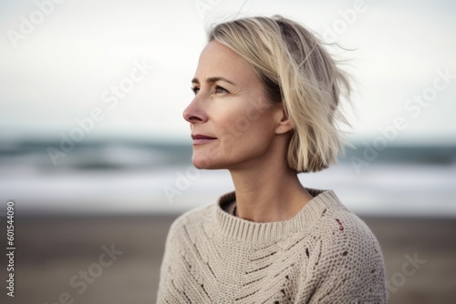 Papier peint Photography in the style of pensive portraiture of a pleased woman in her 40s wearing a chic cardigan against a beach background