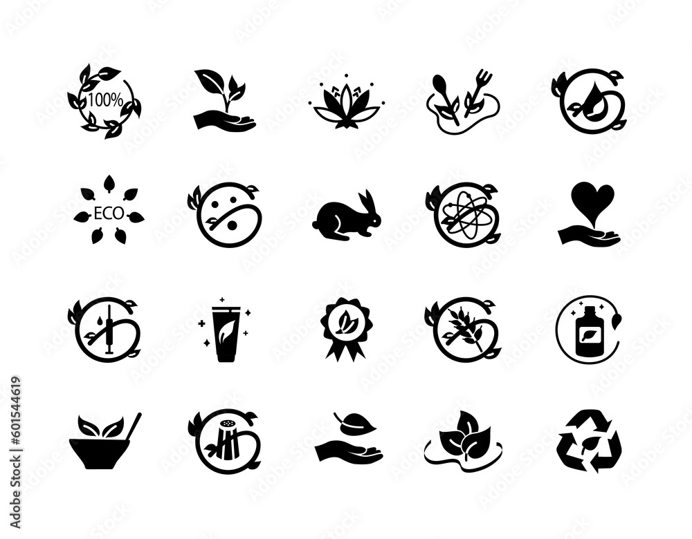 Fototapeta premium Ecofriendly black icons set. Natural and organic product, not tested on animals labels. Caring for nature, ecology and environment. Cartoon flat vector illustrations isolated on white background