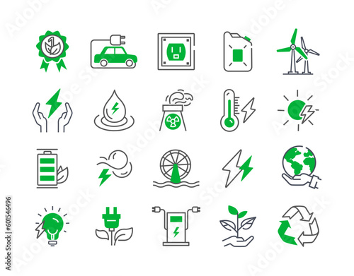 Energy sources linear icons set. Alternative energy sources and reduction of CO2 emissions into atmosphere. Hydro and nuclear station. Cartoon flat vector illustrations isolated on white background