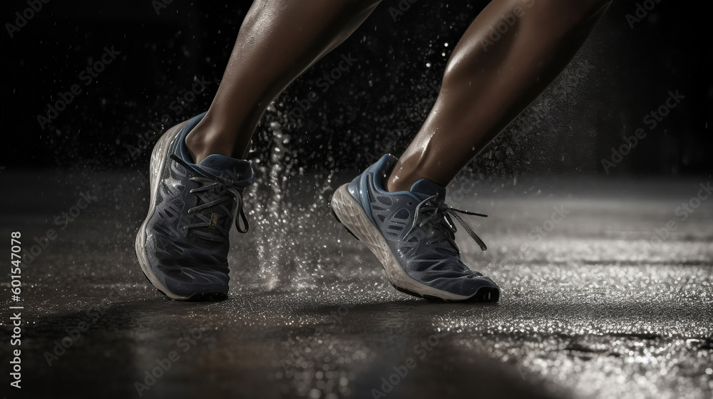 Group of close legged runners running on land by the sea at sunrise. Athletics in the mud. Image generated by AI.
