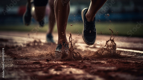 Group of close legged runners running on land by the sea at sunrise. Athletics in the mud. Image generated by AI. 