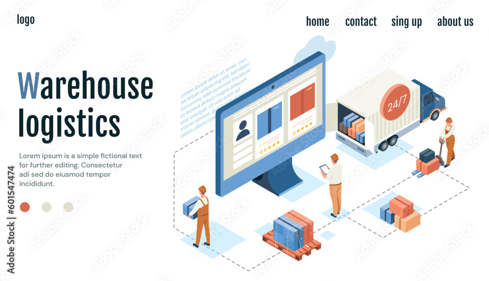 Online warehouse concept. Men with containers and boxes in front of computer monitor. Logistics and transportation of goods. Online shopping and ecommerce. Cartoon isometric vector illustration - obrazy, fototapety, plakaty 