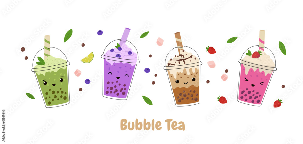 Sweet Bubble Cup. Milk tea with tapioca pearls. A tea of mixed fruit  flavors. Strawberry and blueberry. Asian Taiwanese beverage. Painted color  fashion vector illustration. Cartoon style. Flat design 7064579 Vector Art