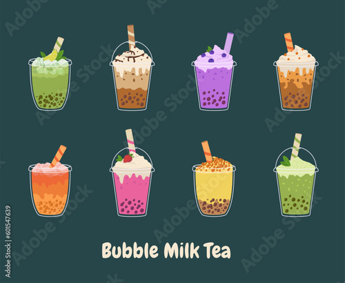 Bubble milk tea with tapioca pearls set. Asian Taiwanese drink. Cartoon vector illustration.
