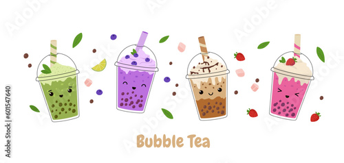 Kawaii bubble milk tea with tapioca pearls set. Asian Taiwanese beverage. Cartoon vector illustration.