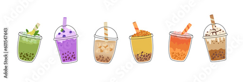Bubble tea with tapioca pearls set. Asian Taiwanese beverage. Yummy drinks, latte, juice. Cartoon vector illustration.