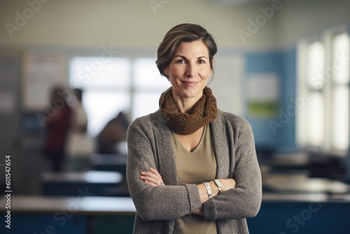 Portrait of smiling businesswoman standing with arms crossed in modern office