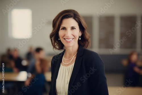Medium shot portrait photography of a grinning woman in her 40s wearing a classic blazer against a classroom or educational setting background. Generative AI
