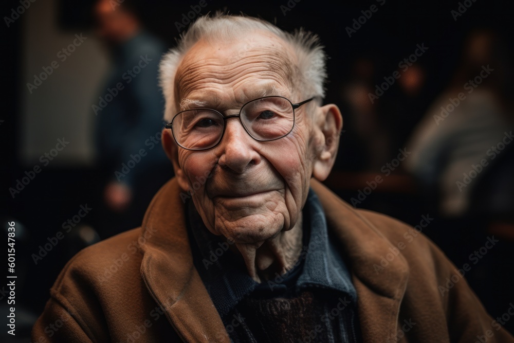 Portrait of an elderly man with glasses and a brown coat. Portrait of an elderly man with glasses and a brown coat.