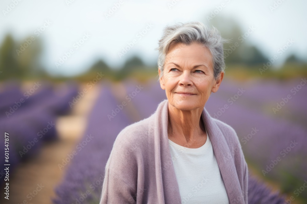 Portrait of senior woman standing in lavender field, looking at camera Portrait of senior woman standing in lavender field, looking at camera