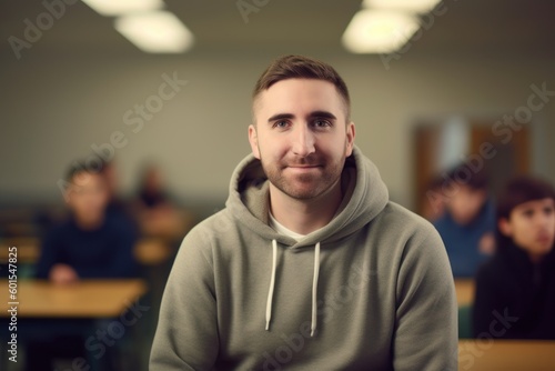 Portrait of a handsome young man with a hood in a classroom