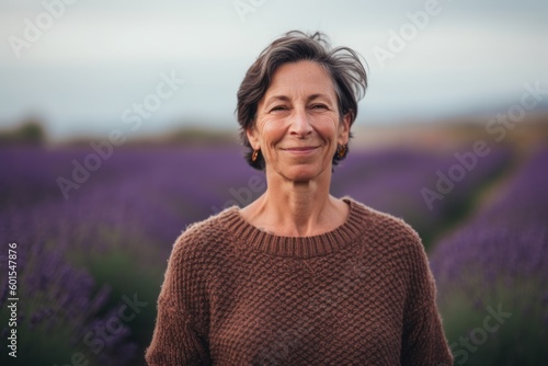 Mature woman standing in a lavender field smiling at the camera