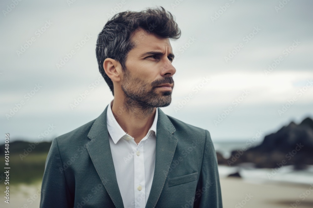 Handsome man in suit looking away while standing on the beach