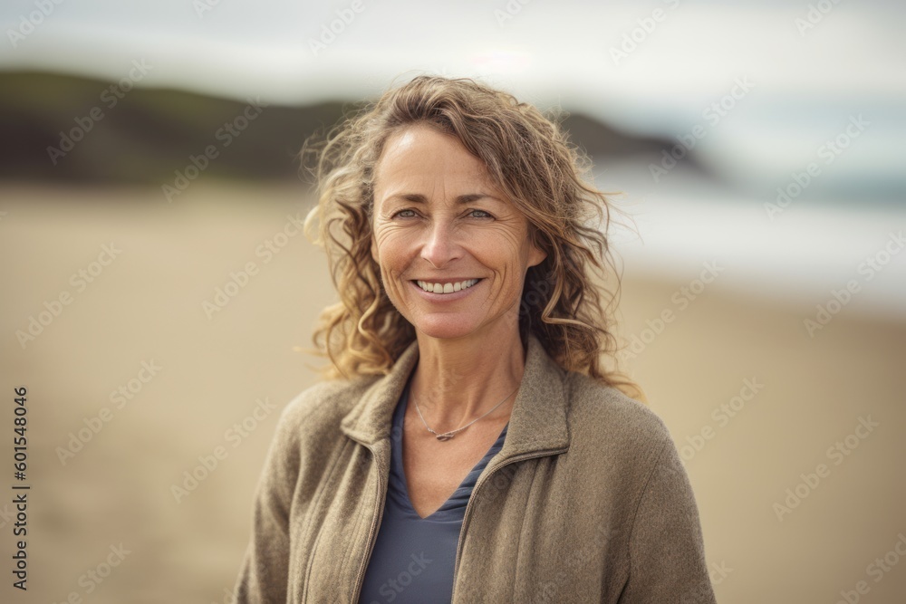 Portrait of smiling mature woman standing on beach at the day time