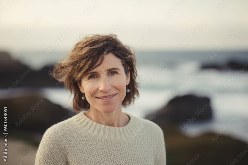 Portrait of smiling mature woman standing on beach at the day time Portrait of smiling mature woman standing on beach at the day time