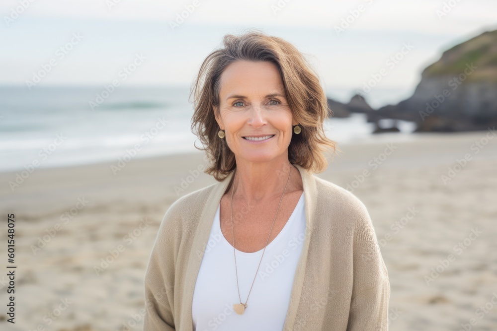 Portrait of smiling mature woman standing on the beach at the beach Portrait of smiling mature woman standing on the beach at the beach