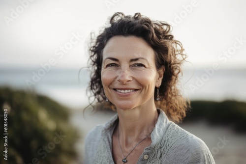 Portrait of smiling woman looking at camera on beach in the morning