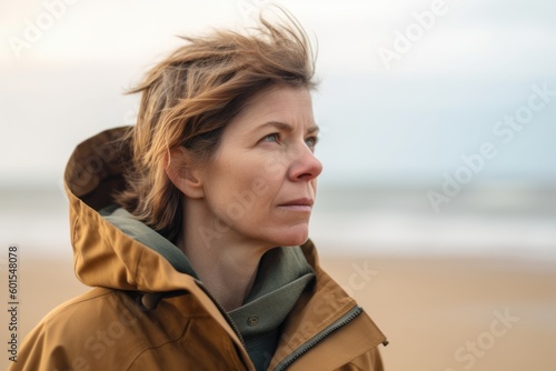 Portrait of a middle-aged woman on the beach in autumn