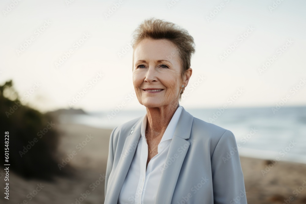 Portrait of a smiling senior woman standing on the beach at sunset Portrait of a smiling senior woman standing on the beach at sunset