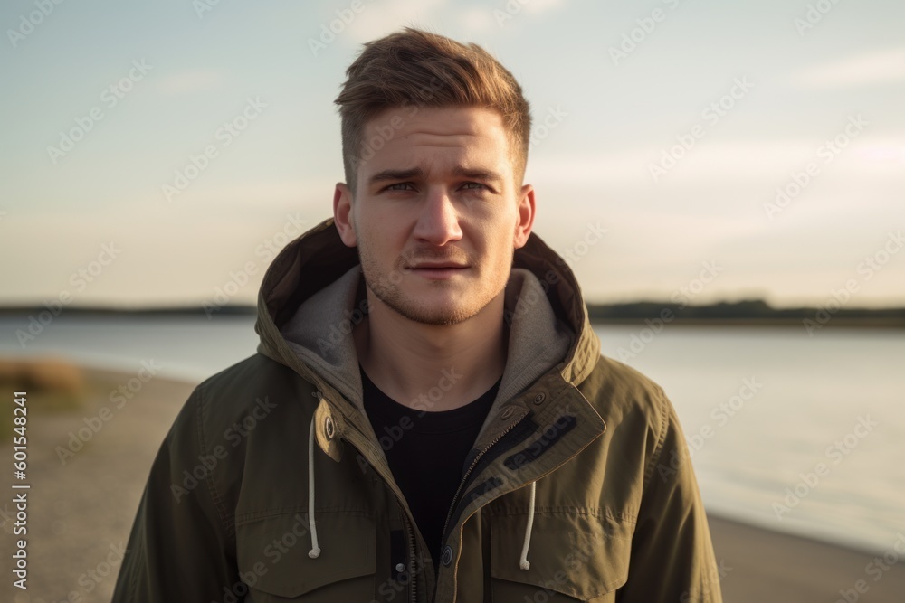 Handsome young man in a warm jacket on the beach at sunset