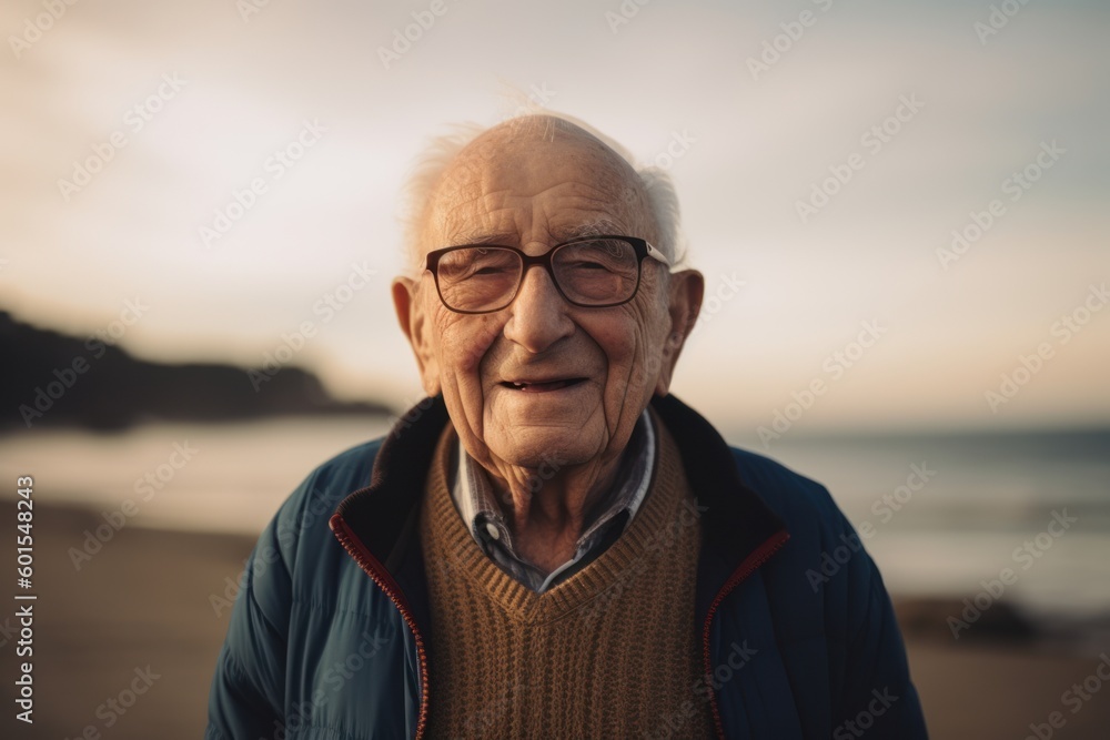 Portrait of senior man with glasses on the beach at sunset. Portrait of senior man with glasses on the beach at sunset.