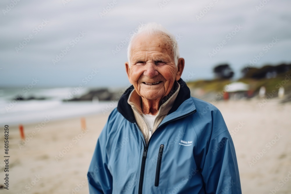 Portrait of a senior man in a blue jacket on the beach Portrait of a senior man in a blue jacket on the beach