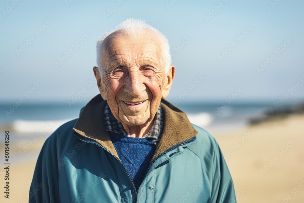 Portrait of smiling senior man standing on beach on a sunny day