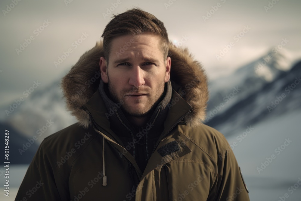 Portrait of a handsome young man in a warm jacket against the background of snowy mountains Portrait of a handsome young man in a warm jacket against the background of snowy mountains